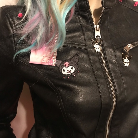 vintage y2k custom kuromi motorcycle 🏍 jacket 👿chocker and Sanrio earrings 💕 - Picture 3 of 12
